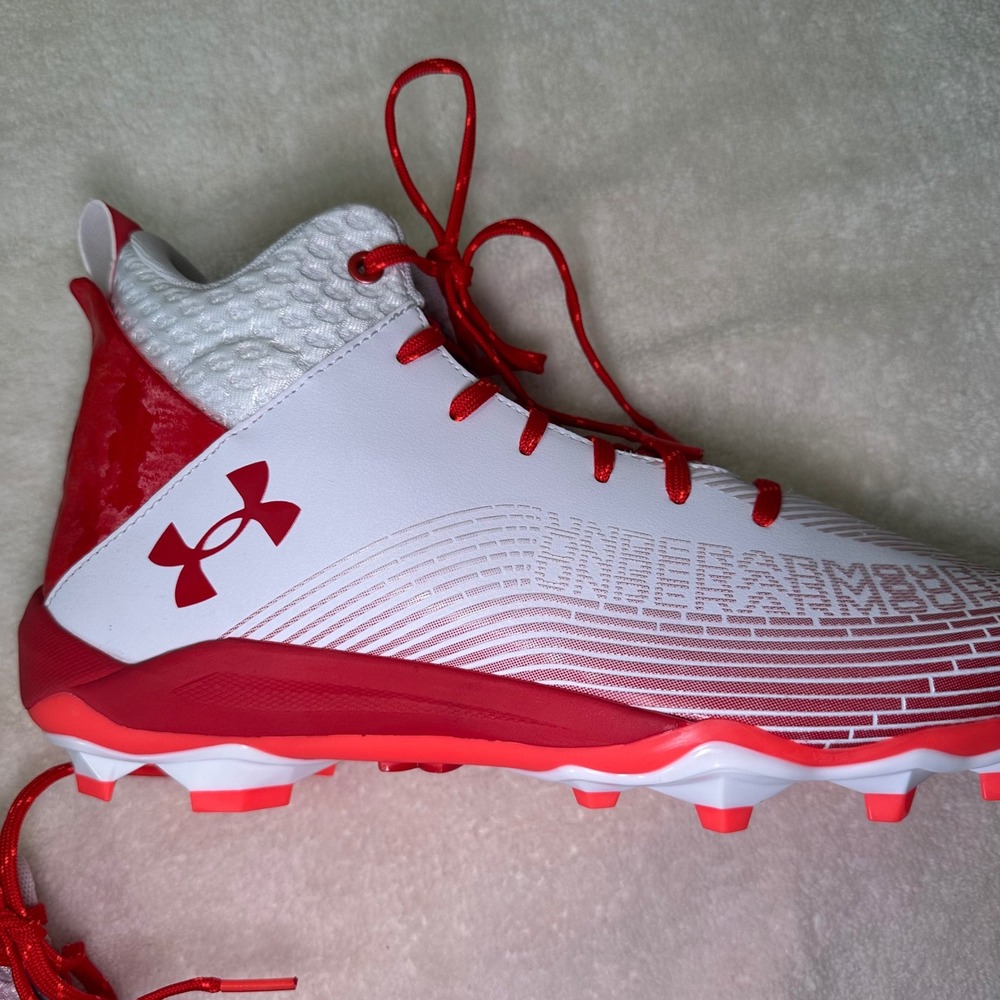 Under Armour Football Cleats Mens 11.5‎ White Red UA Mid Top Athletic Shoes - Picture 2 of 10
